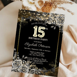 Elegant Black Roses,Lights Black 15th Birthday Invitation