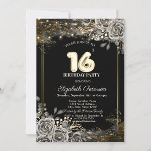 Elegant Black Roses,Lights Black 16th Birthday  Invitation