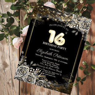 Elegant Black Roses,Lights Black 16th Birthday Invitation