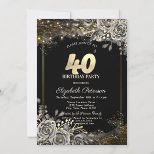 Elegant Black Roses, Lights Black 40th Birthday  Invitation
