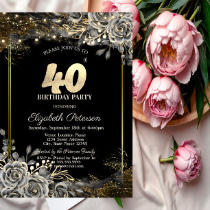 Elegant Black Roses, Lights Black 40th Birthday Invitation