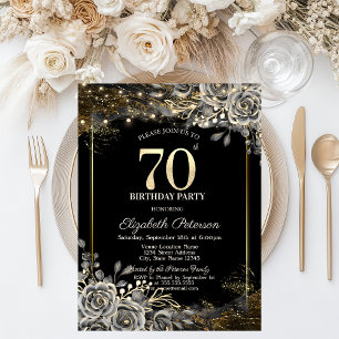 Elegant Black Roses,Lights Black 70th Birthday  Invitation