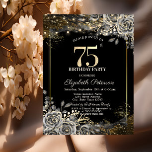 Elegant Black Roses,Lights Black 75th Birthday  Invitation