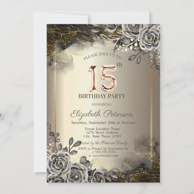 Elegant Black Roses,String Lights 15th Birthday Invitation (Front)