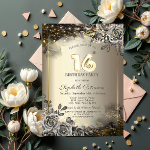 Elegant Black Roses,String Lights 16th Birthday  Invitation