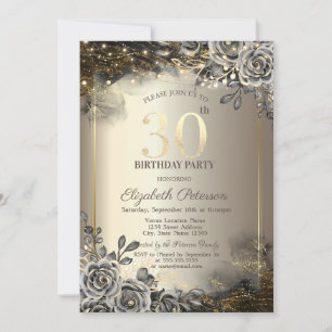 Elegant Black Roses,String Lights 30th Birthday Invitation