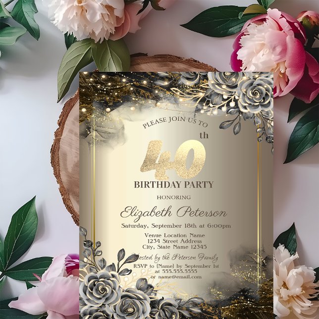 Elegant Black Roses,String Lights 40th Birthday  Invitation (Creator Uploaded)