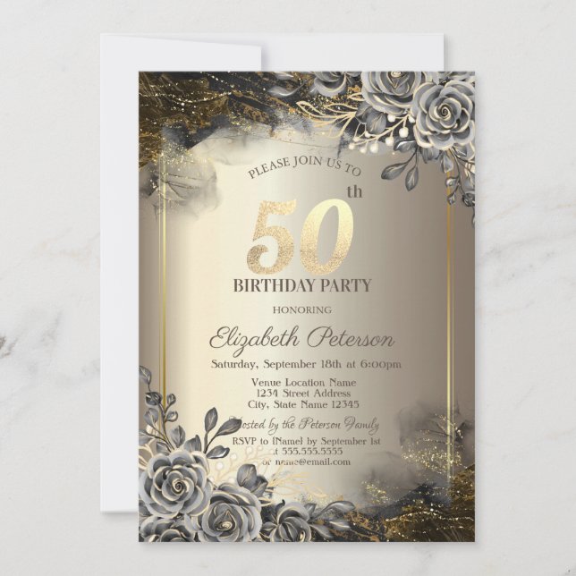 Elegant Black Roses,String Lights 50th Birthday  Invitation (Front)