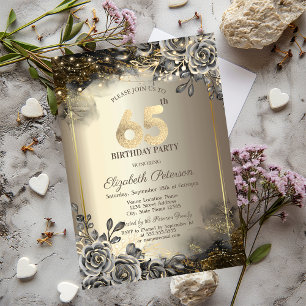 Elegant Black Roses,String Lights 65th Birthday  Invitation