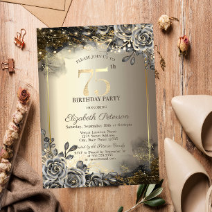 Elegant Black Roses,String Lights 75th Birthday  Invitation