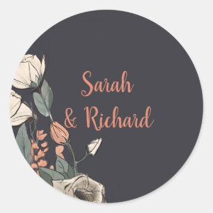 Elegant Black Round Floral Wedding Envelope Sealer Classic Round Sticker