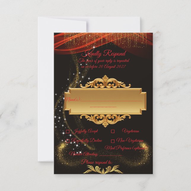 Elegant Black RSVP Card with Gold Centre Design (Front)