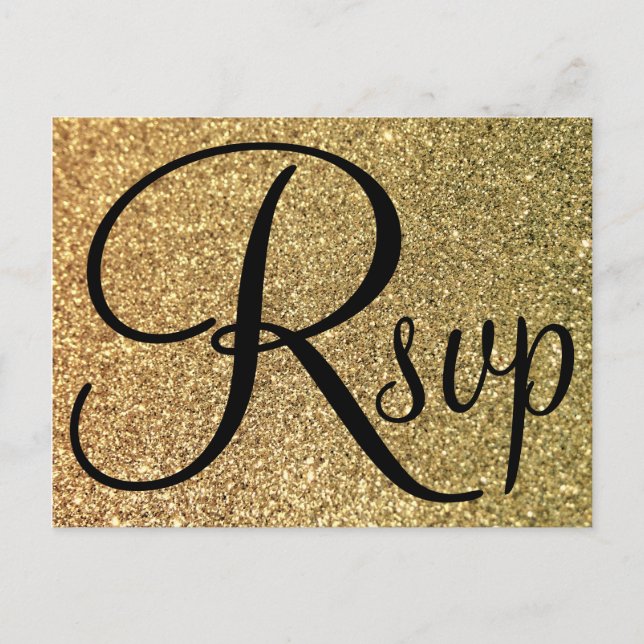 Elegant Black RSVP Gold Glitter Photo Invitation Postcard (Front)
