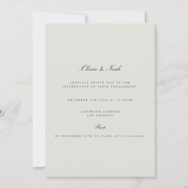 Elegant Black & Sage Green Engagement Invitation (Front)