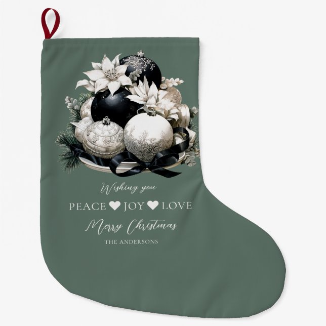 Elegant black sage green ivory Christmas ornament Large Christmas Stocking (Front)
