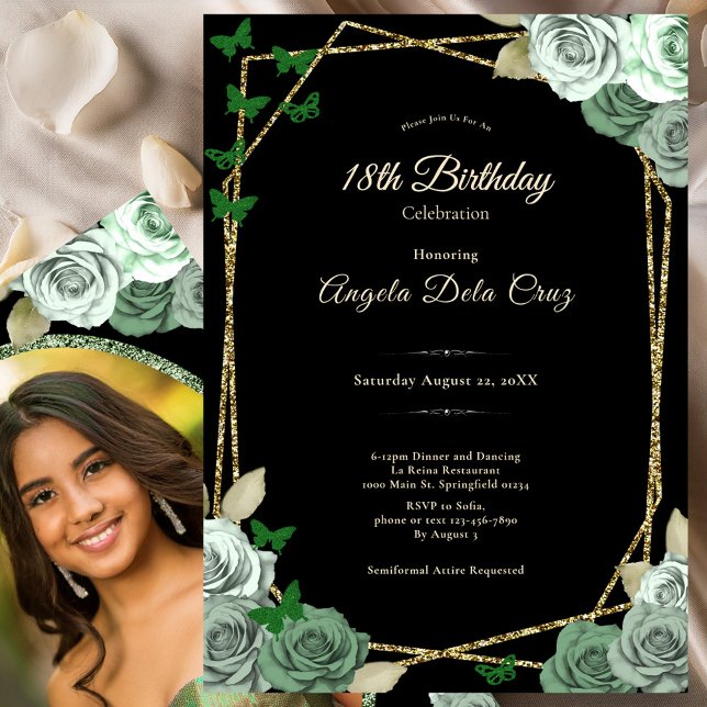 Elegant Black Sage Green Rose 18th Birthday Debut  Invitation (Creator Uploaded)