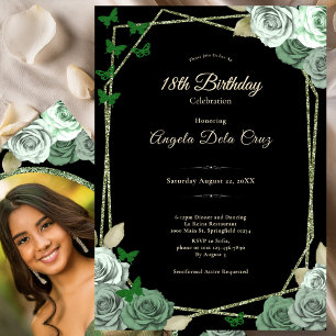Elegant Black Sage Green Rose 18th Birthday Debut  Invitation