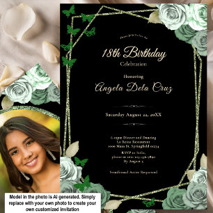 Elegant Black Sage Green Rose 18th Birthday Debut Invitation