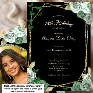 Elegant Black Sage Green Rose 18th Birthday Debut  Invitation