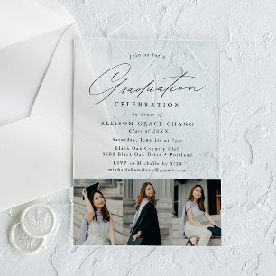 Elegant Black Script 3 Photo Graduation Party Acrylic Invitations