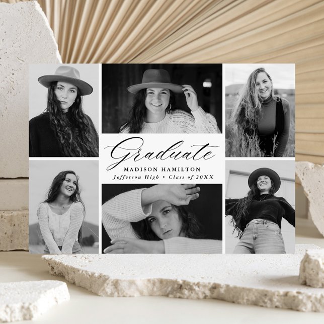 Elegant Black Script 6 Photo Collage Graduation Announcement (Creator Uploaded)