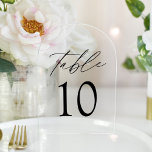 Elegant Black Script Acrylic Arch Table Number<br><div class="desc">Add a modern touch to your wedding reception with our Elegant Black Script Acrylic Arch Wedding Table Number Cards. These stylish cards feature black lettering in sleek, modern typography, with “Table” in an elegant calligraphy script. Available in an arched or rectangular design, each card is crafted on a frosted or...</div>