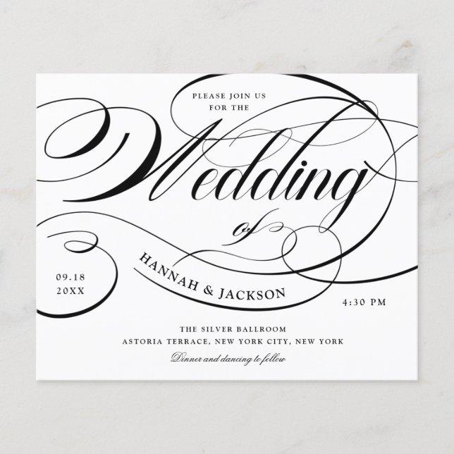 Elegant Black Script Budget Wedding Invitation (Front)