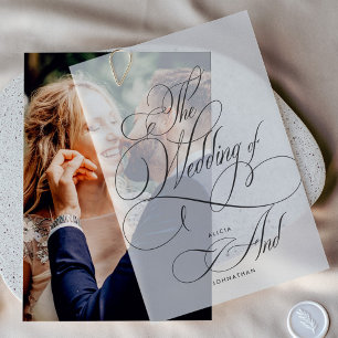 Elegant black script calligraphy wedding overlay vellum invitations