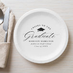 Elegant Black Script Cheers to the Graduate Paper Plate<br><div class="desc">Elegant graduation paper plates featuring a graduation cap with the phrase "Cheers to the Graduate" in a black calligraphy script on a white background. Personalise the modern graduation paper plates with the graduate's name, school name, and graduation year. The simple graduation plates are perfect to use for your high school...</div>