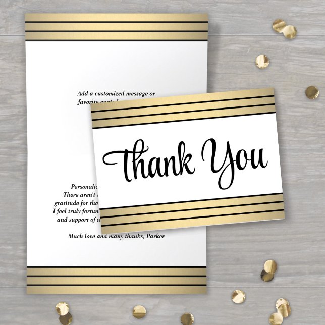 Elegant Black Script & Classic Gold Stripes Folded Thank You Card (Creator Uploaded)