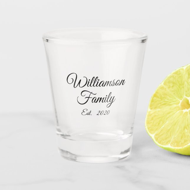 Elegant black script custom family name text date shot glass (Front)