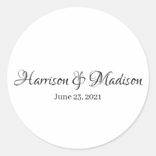 Elegant black script custom name & date Wedding Classic Round Sticker