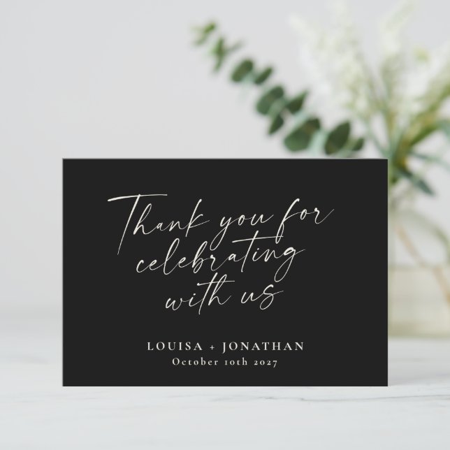 Elegant Black Script Custom Wedding Enclosure Thank You Card (Standing Front)