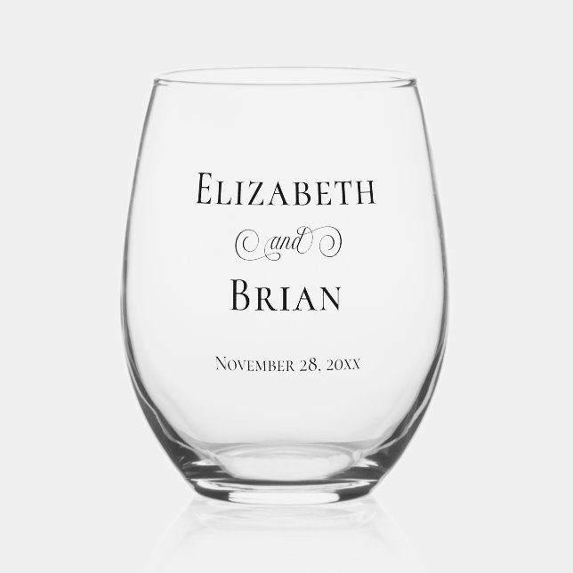 Elegant Black Script Custom Wedding Stemless Wine Glass (Front)