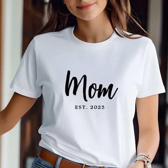 Elegant Black Script Established New Mum T-Shirt (Mom Established Year Simple Minimal Script Typography White T-Shirt)