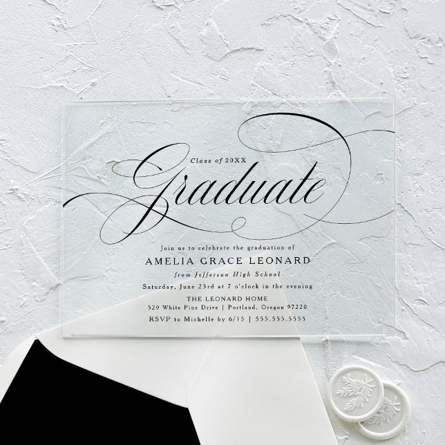 Elegant Black Script Graduation Party Acrylic Invitations (Creator Uploaded)