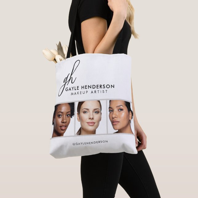 Elegant Black Script Logo Photo Makeup Studio Tote Bag (Close Up)