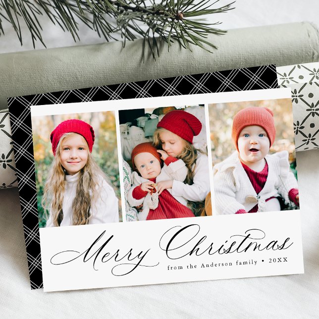 Elegant Black Script Merry Christmas 3 Photo Holiday Card (Creator Uploaded)