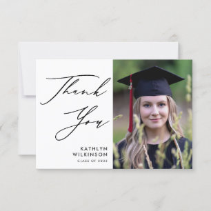 Elegant Black Script Minimalist Photo Graduation Thank You Card