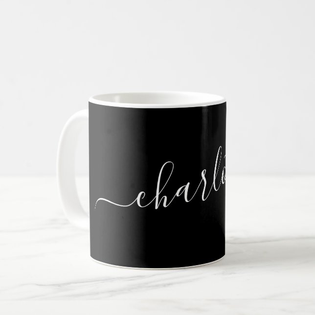 Elegant Black Script Modern Name Personalised Coffee Mug (Front Left)