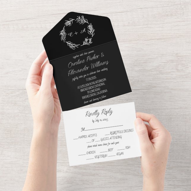 Elegant Black Script Modern Unique RSVP All In One Invitation (Tearaway)