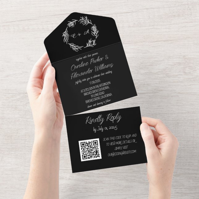 Elegant Black Script Modern Unique RSVP QR Code All In One Invitation (Tearaway)
