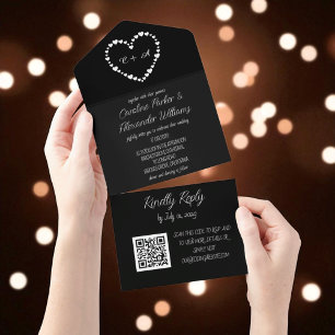 Elegant Black Script Modern Unique RSVP QR Code All In One Invitation