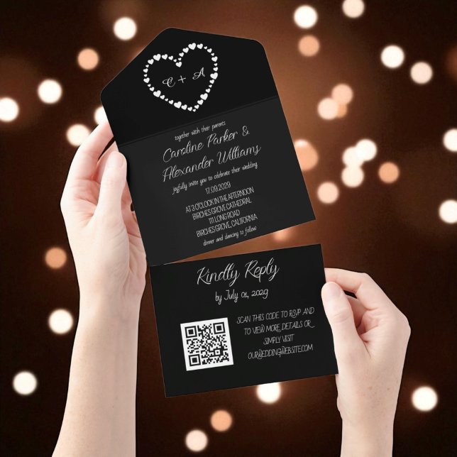 Elegant Black Script Modern Unique RSVP QR Code All In One Invitation (Creator Uploaded)