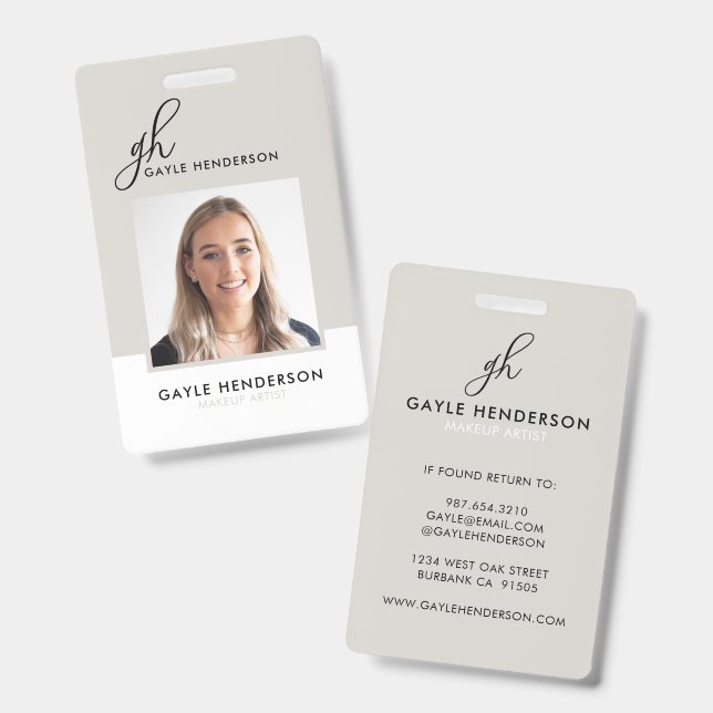 Elegant Black Script Monogram Logo Photo Makeup ID Badge (Front & Back)