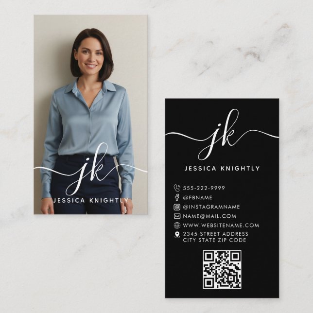 Elegant Black Script Monogram Logo Photo QR Code Business Card (Front/Back)