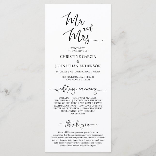 Elegant Black Script, Mr and Mrs, Wedding Ceremony Program (Front)
