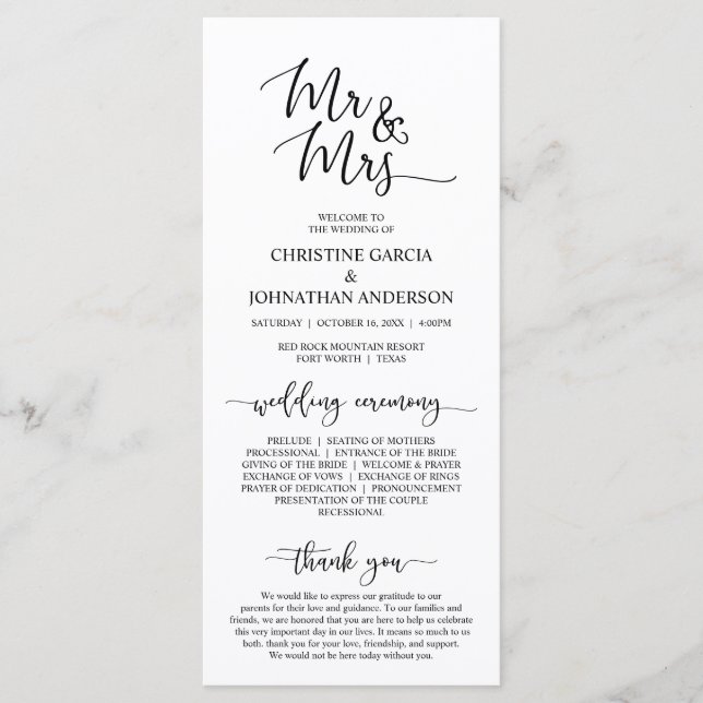 Elegant Black Script, Mr and Mrs, Wedding Ceremony Program (Front)