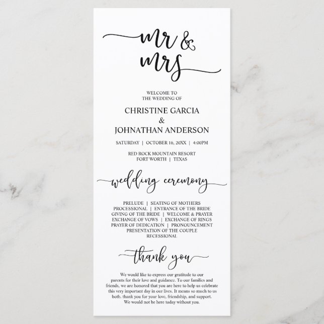 Elegant Black Script, Mr and Mrs, Wedding Ceremony Program (Front)