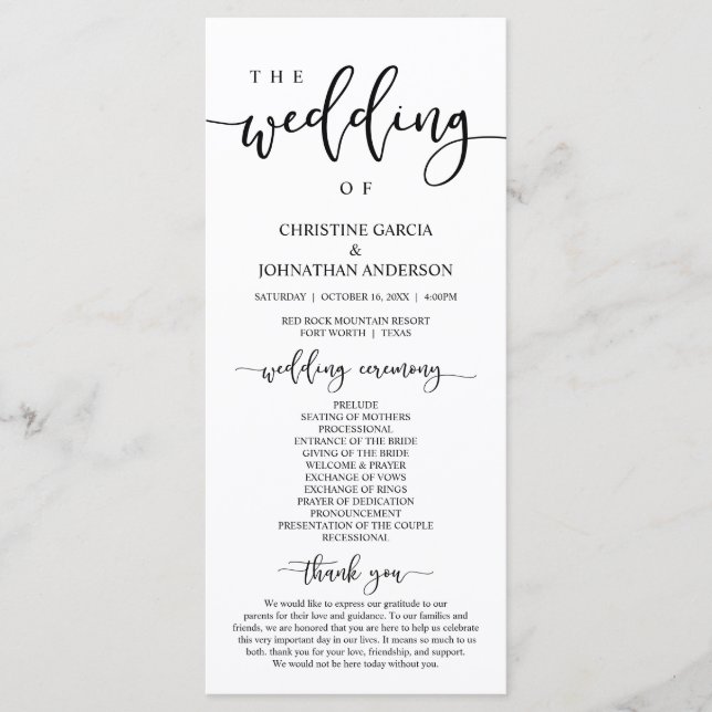 Elegant Black Script, Our Wedding Ceremony Program (Front)